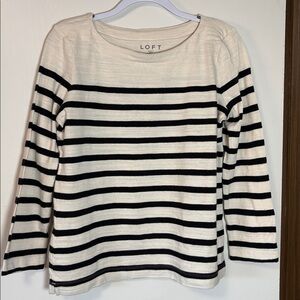 Loft Striped Knit Top Sz M Cream Black Crewneck Classic Minimalist Casual Chic
